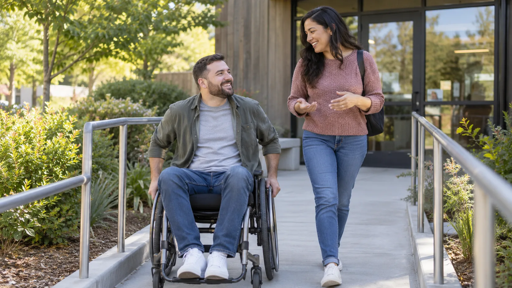Image générée par IA — Une personne en fauteuil roulant emprunte une rampe accessible en discutant avec une autre personne. L’équipement et l’accessibilité de l’environnement sont complémentaires.