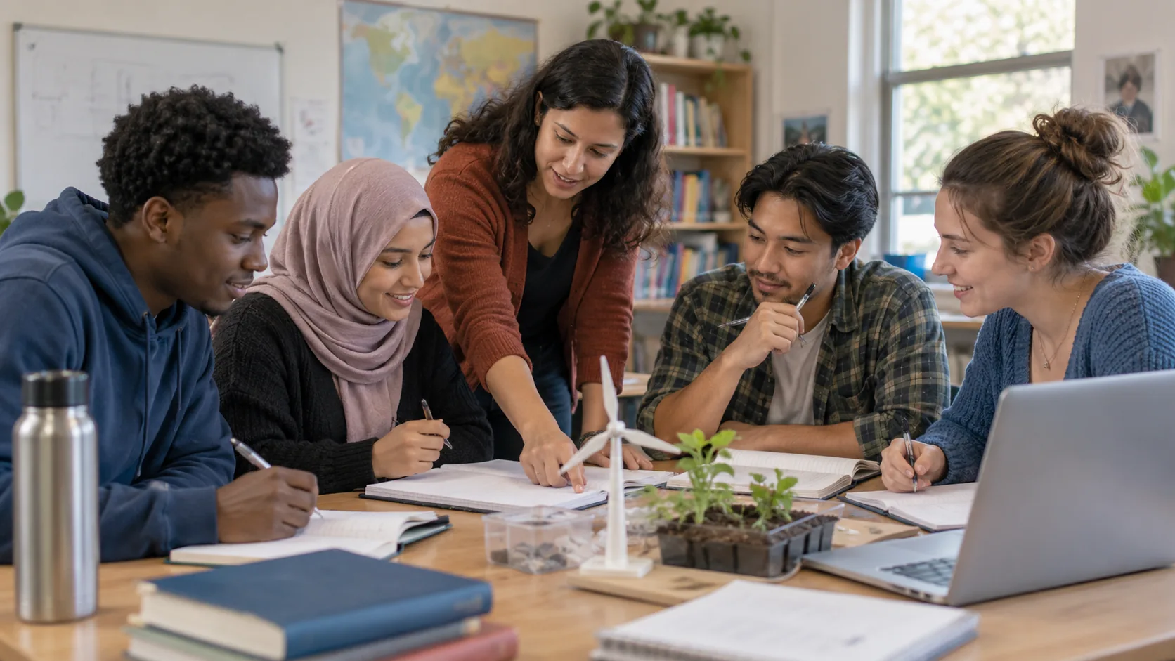 AI-generated image — Young adults learn together with an instructor. Education can also provide routes back into learning.