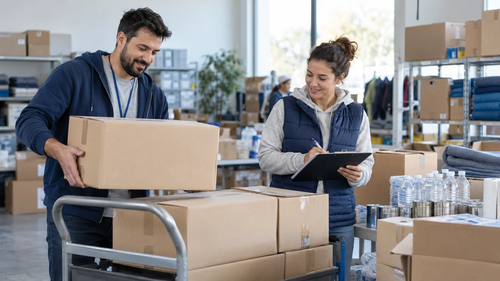 Image générée par IA — Des bénévoles réceptionnent et trient des fournitures. Réception, stockage et distribution doivent être organisés avant une collecte.