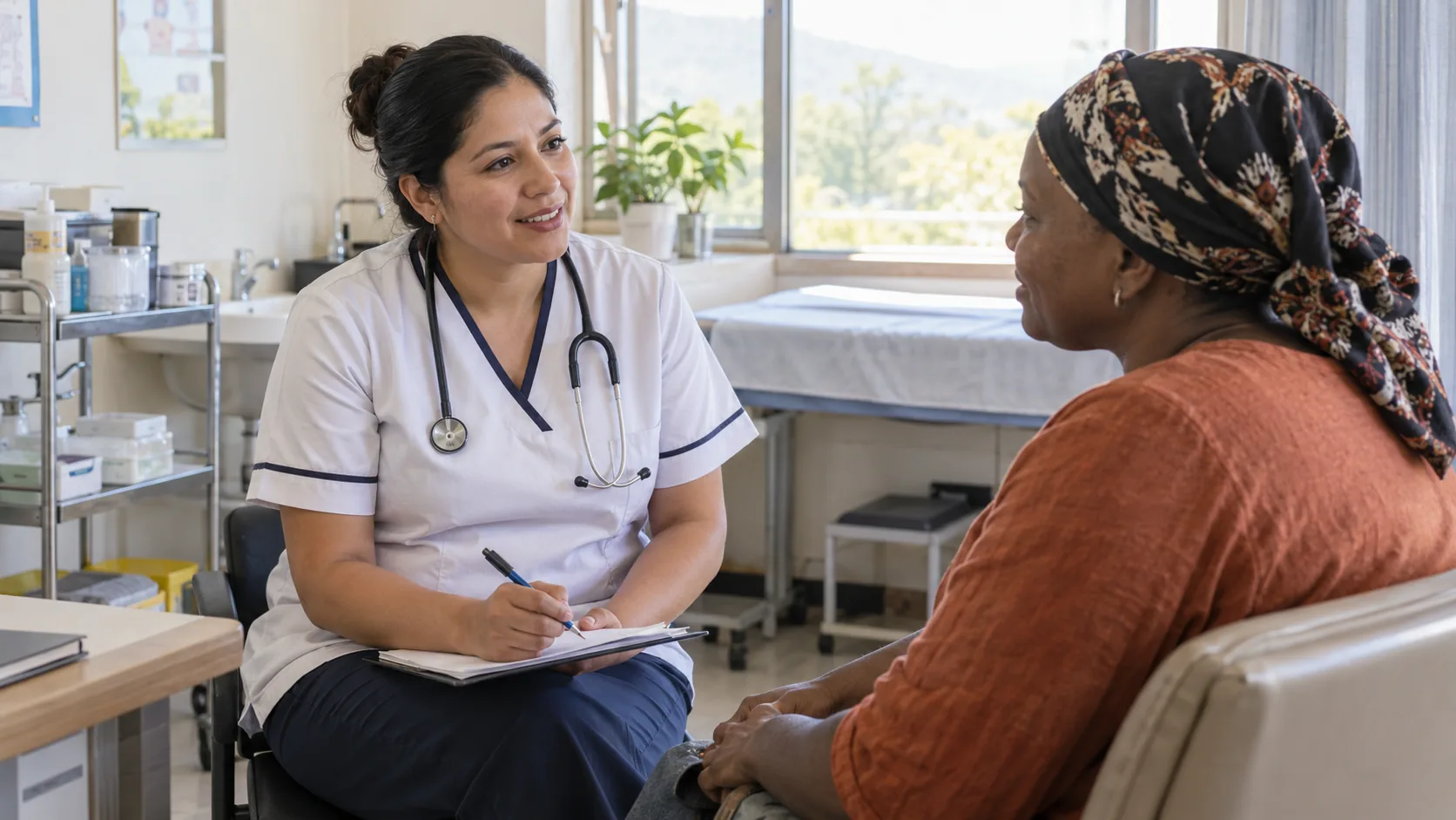 AI-generated image — A nurse talks with a patient in a community clinic. Consultations need continuity of care.