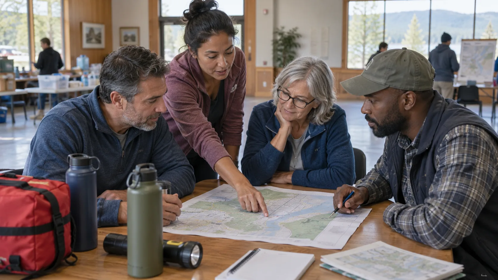 AI-generated image — A group prepares routes and equipment for an emergency. Exercises help test organization in advance.