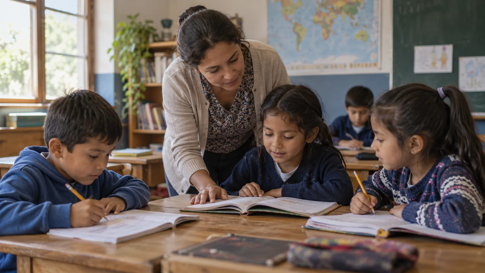 AI-generated image — A teacher helps children learn. Teachers and suitable learning materials support education.