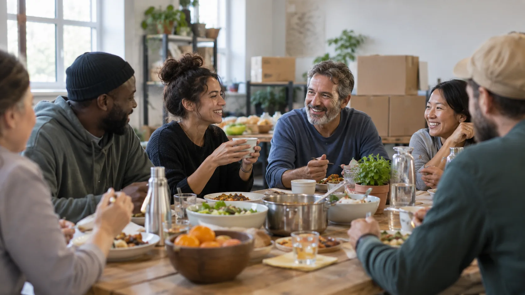 AI-generated image — Volunteers share a meal in a community center. Supporting teams is part of organizing assistance.