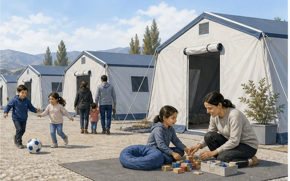 Enfants près d’abris temporaires dans un camp