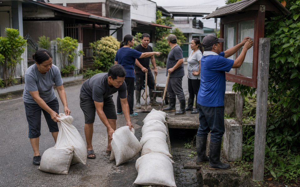 Des voisins préparent leur rue à de fortes pluies avec des sacs de sable
