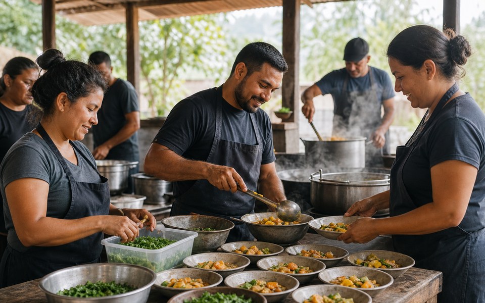 Une équipe communautaire prépare des repas nutritifs dans une cuisine collective