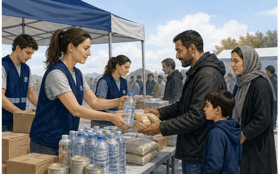Distribution alimentaire organisée par des volontaires humanitaires