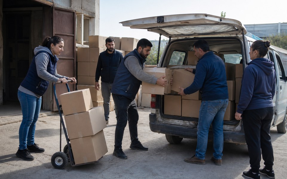 Une équipe charge des fournitures essentielles dans un véhicule local pour la distribution