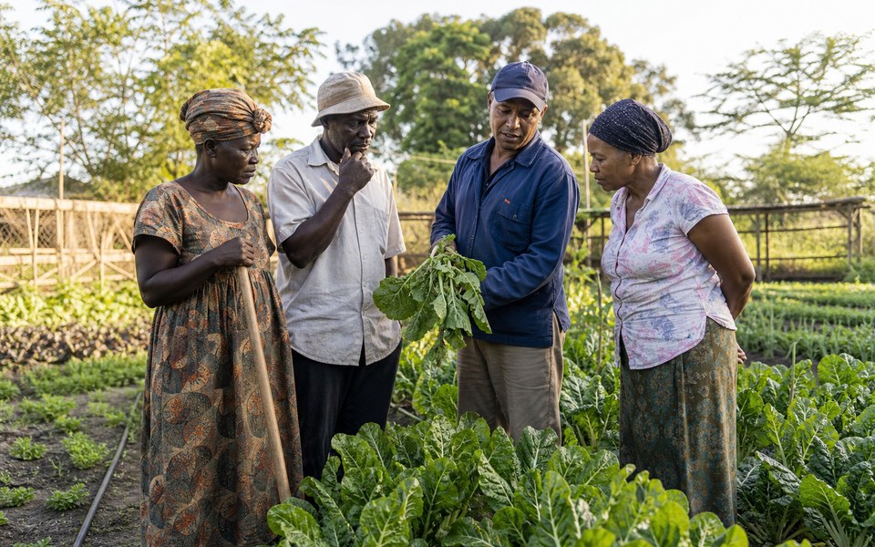 Des agriculteurs et une conseillère examinent des cultures dans un potager communautaire