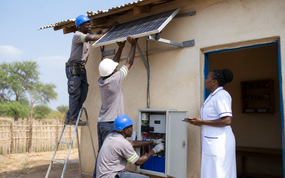 Des techniciens installent une alimentation solaire pour un poste de santé rural