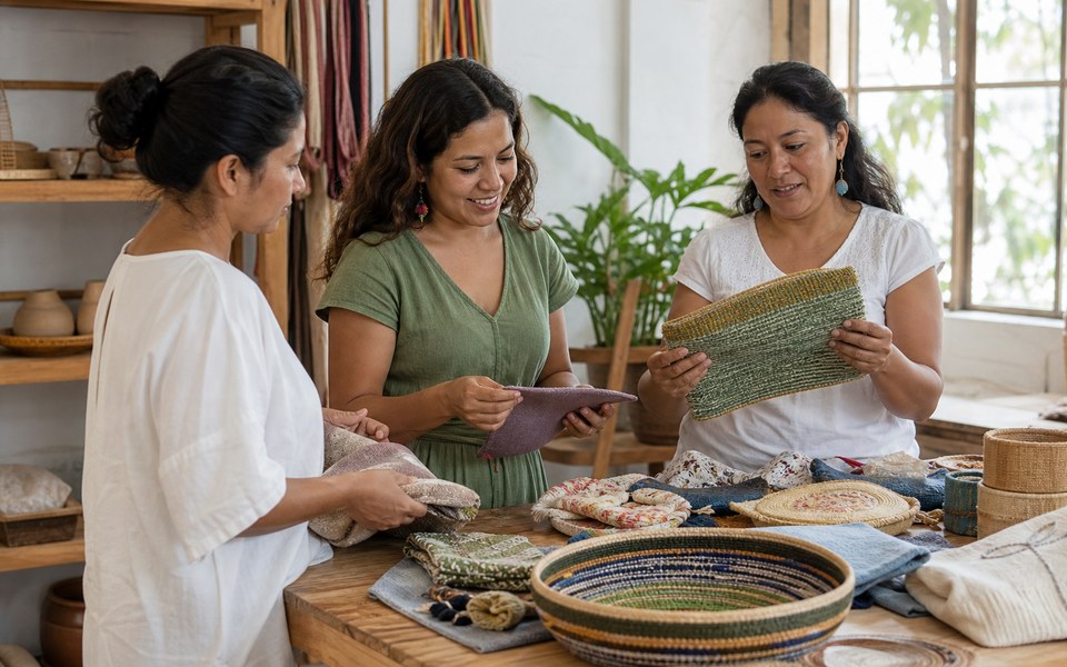 Des femmes examinent les produits d’une coopérative dans un atelier local